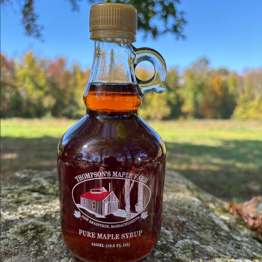 Bottle of Thompson's Maple Farm pure maple syrup, showcasing its rich amber color, set against a backdrop of autumn foliage in New Braintree, Massachusetts. The 600ml glass bottle features a handle and a gold cap, emphasizing its artisanal quality.